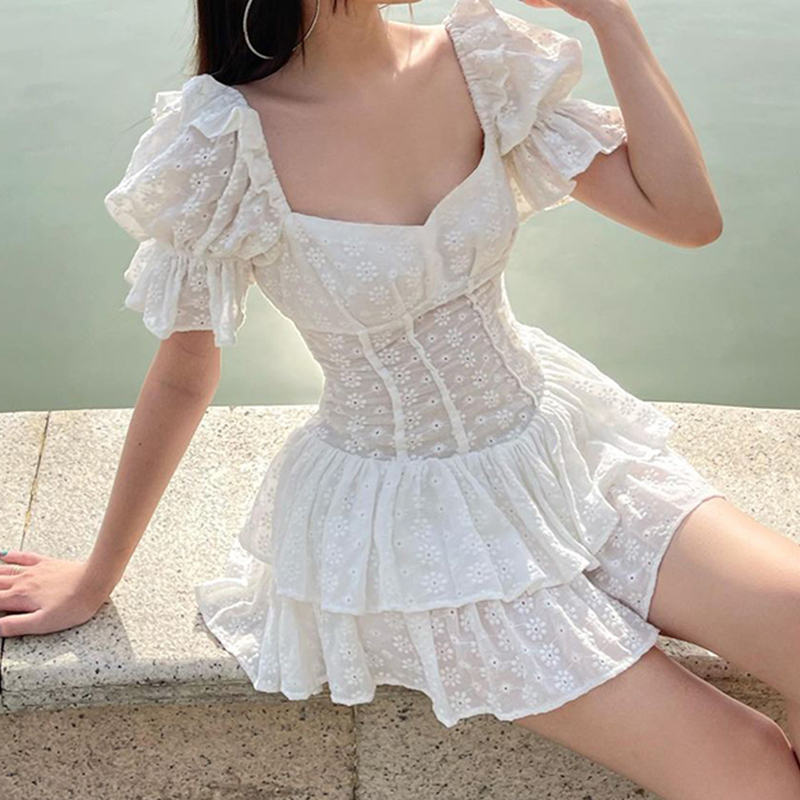 Vintage Elegant A-Line Dreess See Through Sexy Slim Square Collar Puff Sleeve Mini Dresses For Women  Summer Spring