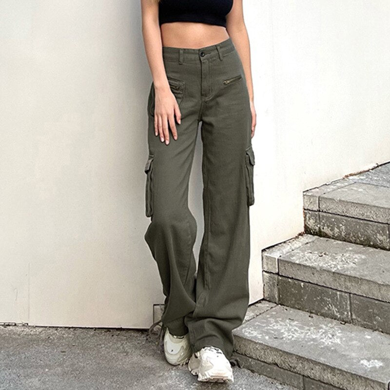 supernfb Vintage Green Cargo Pants Jeans Slim Drawstring Lace Pockets Casual Retro Fall High Waist Clothes Women