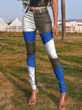 All Season Women's Trend Leg Slant Pocket Colorblock Patchwork No Trace Show Figure PU Leather Motorcycle Skinny Pants