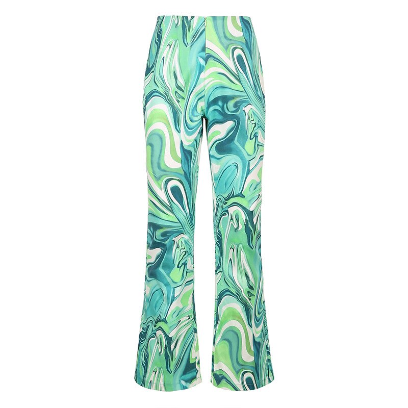 Supernfb Y2K Tie Dye Print Long Pants Women Wide Leg Pant High Waist Flare Pants Green  Jogger Trousers Fashion Streetwear