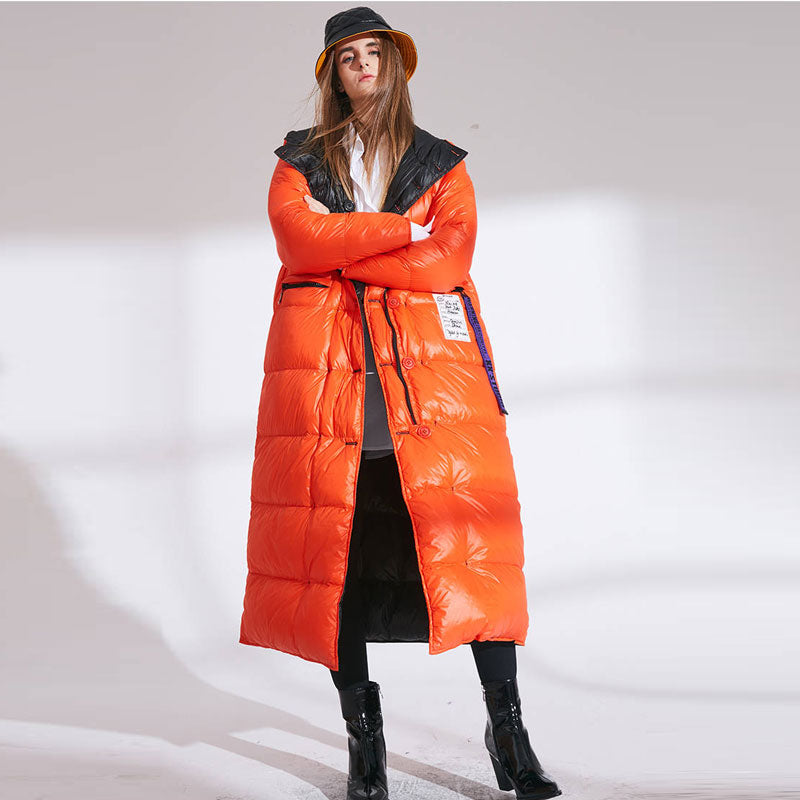 Supernfb women fashion double size winter warm down coat lady long 90% white down jacket female red hooded outwear