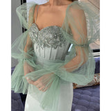 Supernfb Fairy Mint Green Prom Dresses Sheer Long Sleeves Sweetheart Boning Sheath Evening Dresses Beaded Tea-Length Formal Gowns