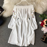 Flower Embroidery Dress Off Shoulder Linen Dress Women Boho Mori Girl Vintage Dresses  Long Sleeve Elegant White Clothes