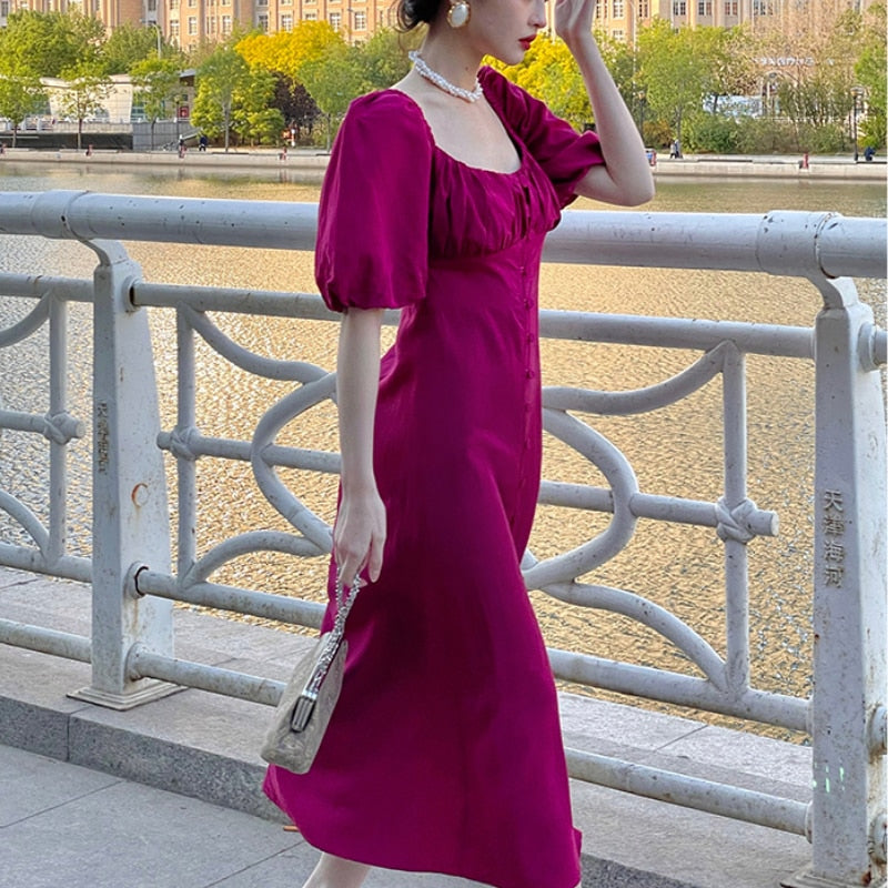 Supernfb Vintage Evening Party Midi Dresses Ladies Solid Korean Fashion Elegant Split Dress Hepburn Summer Casual Clothes for Women