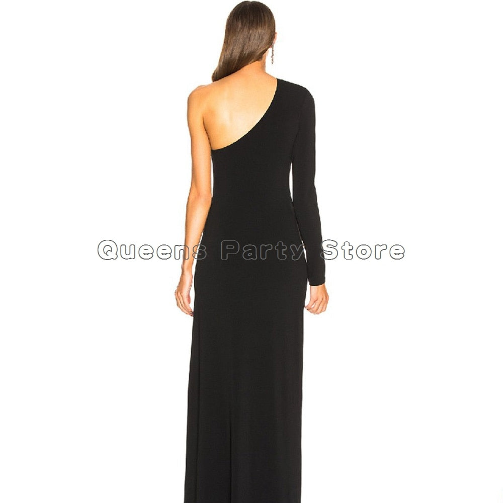 Supernfb Sexy Black Evening Dress Promdress One Shoulder Long Sleeve Simple Black Long Prom Dresses Side Slit Party Gowns