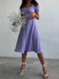 Supernfb Dresses Floral Print Bubble Short Sleeve Vintage Print Women's Dress Square Neck A-Line Long Summer Dress Boho Festive Dres