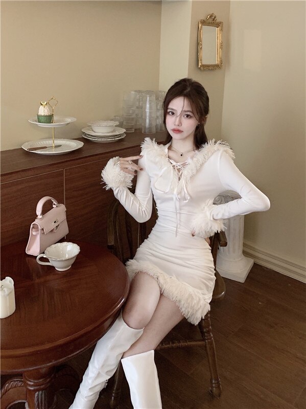 Supernfb Winter White Korean Dress Women Bodycon Sweet Sexy Party Mini Dress Ladies Long Sleeve France Casual Christmas Clothing New
