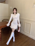 Supernfb Winter White Korean Dress Women Bodycon Sweet Sexy Party Mini Dress Ladies Long Sleeve France Casual Christmas Clothing New