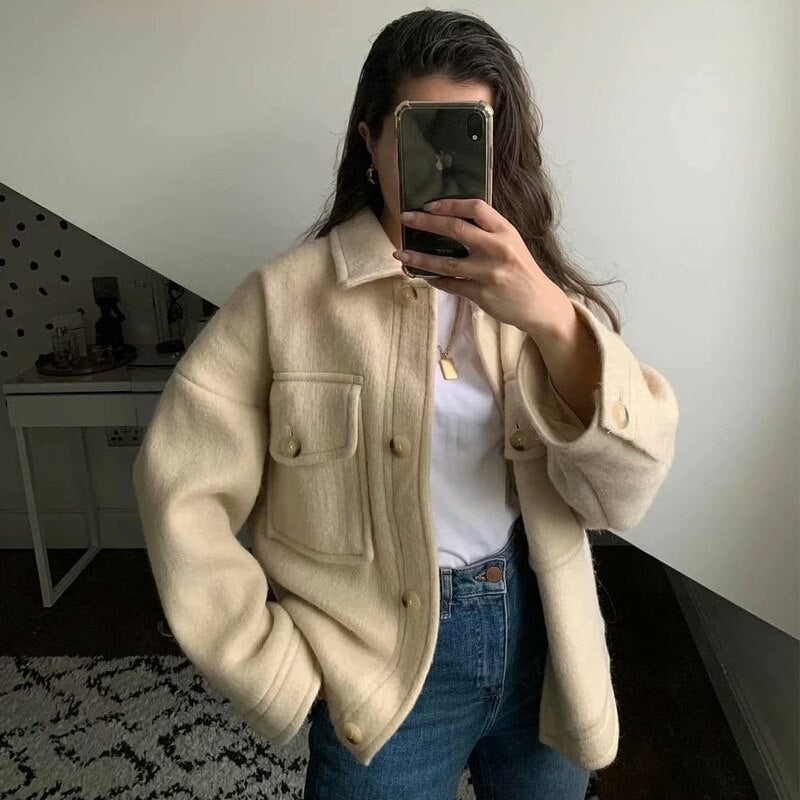 Supernfb Casual White Tweed Coat Women Loose Single Breasted With Pockets Jacket Street Style Chic Tops Vintage Winter Outwear