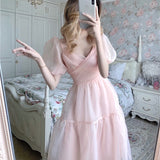 Supernfb Lolita Pink Dress One Piece Casual Puff Sleeve Slim Lace Chiffon Dress Elegant Designer Women Clothing French Bandage New Dress