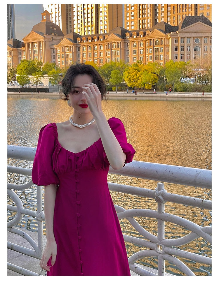 Supernfb Vintage Evening Party Midi Dresses Ladies Solid Korean Fashion Elegant Split Dress Hepburn Summer Casual Clothes for Women