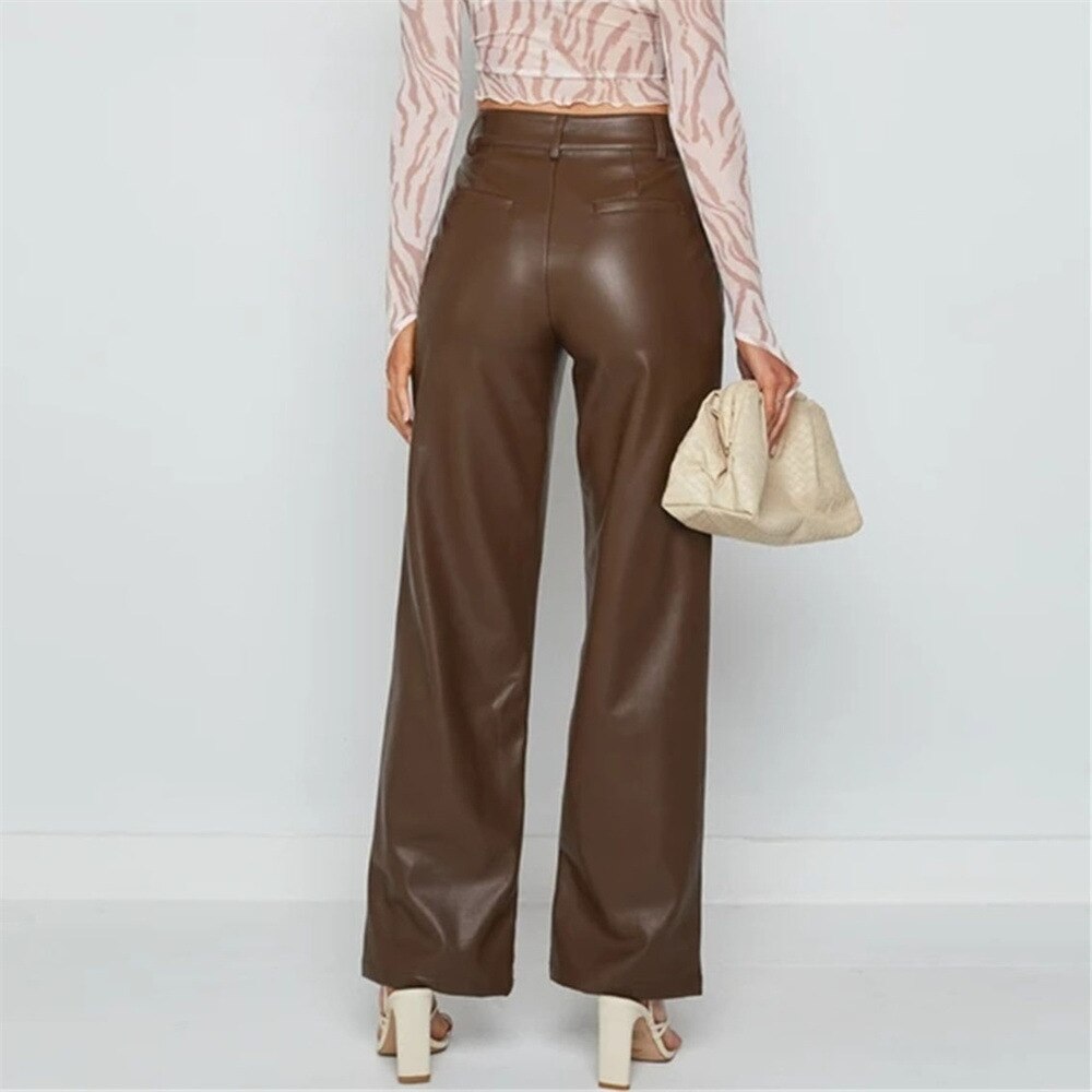 Supernfb PU Leather Women Pants High Waist Wide Leg Brown Solid Long Pants Casual Office Lady Autumn  Female Trousers Fashion
