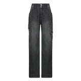 supernfb Y2K Straight Cargo Jeans Retro Denim Pants Ruched Drawstring Women Denim Trousers Street Indie Aesthetic Trousers Streetwear