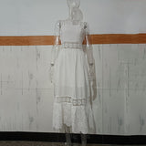 Supernfb Elegant женское платье Strap Embroidery White Midi Dress Hight Waist Lace Hollow Out Ladies Vintage Vestido Spring Summer