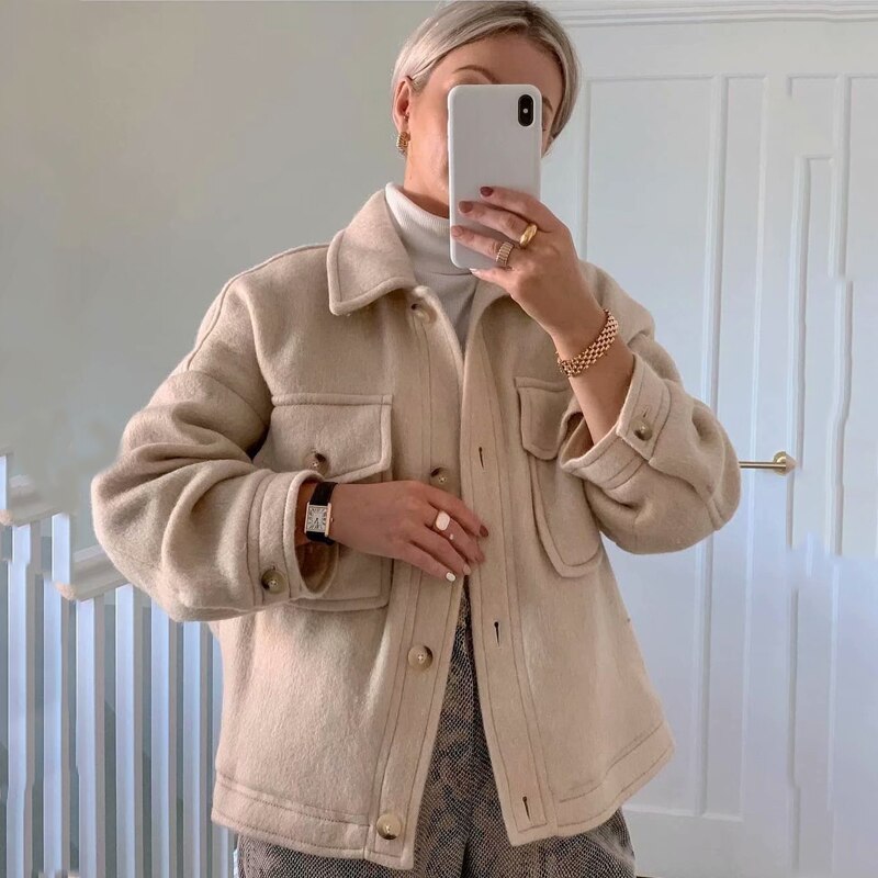 Supernfb Casual White Tweed Coat Women Loose Single Breasted With Pockets Jacket Street Style Chic Tops Vintage Winter Outwear