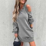 Supernfb Women Zip Hollow Out Off Shoulder Dress Patchwork Lady Loose Casual Mini Pocket Dress Round Neck Long Sleeve Spring Autumn Dress