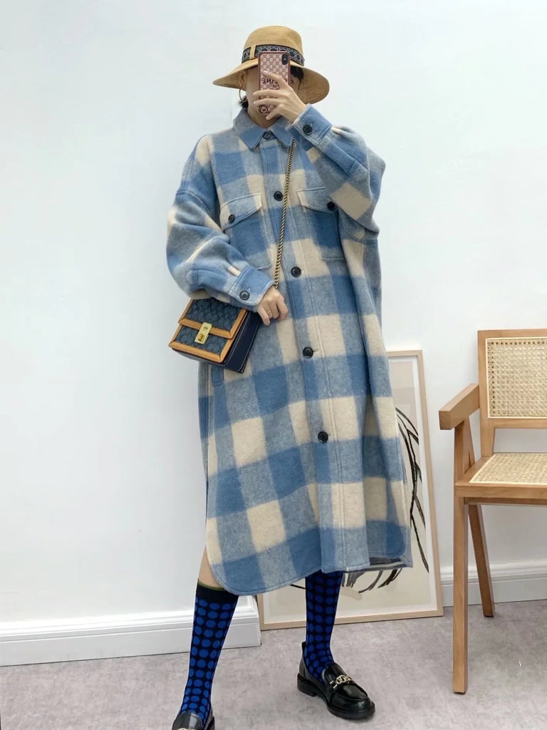 Supernfb Coat Women  Ins Fashion Blogger Vintage Oversize Coat Women Woollen Plaid Long Jacket England Winter Trench
