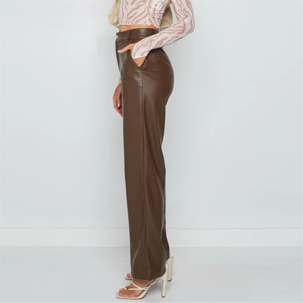 Supernfb PU Leather Women Pants High Waist Wide Leg Brown Solid Long Pants Casual Office Lady Autumn  Female Trousers Fashion