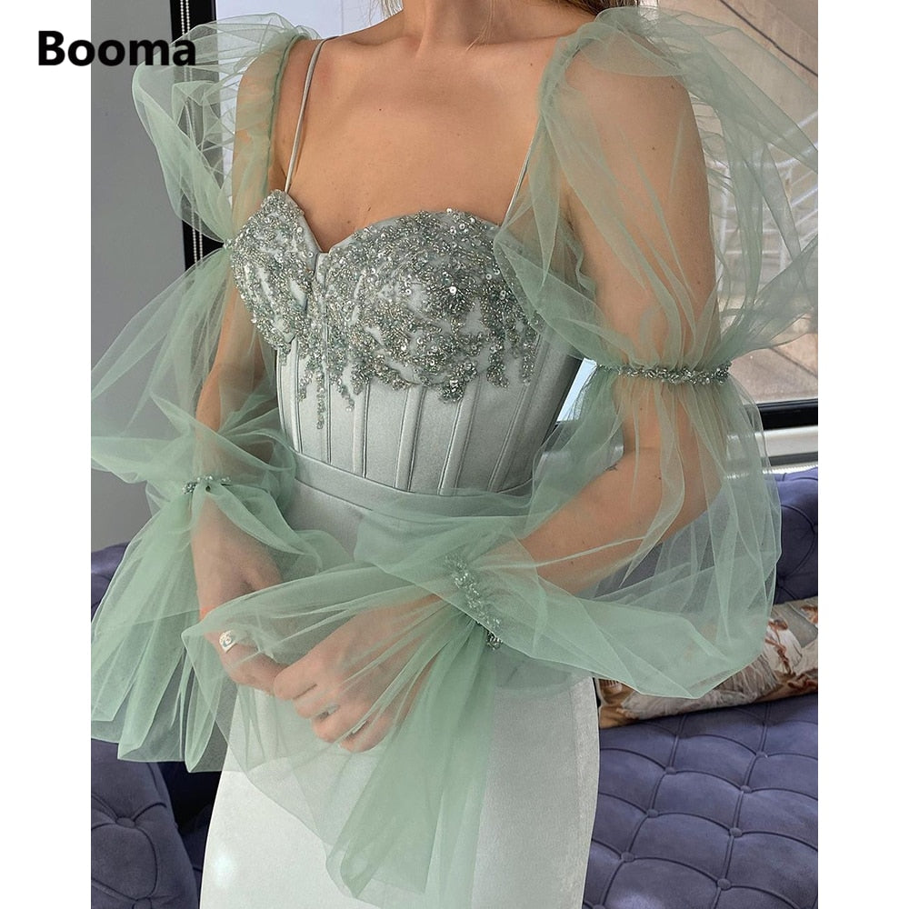 Supernfb Fairy Mint Green Prom Dresses Sheer Long Sleeves Sweetheart Boning Sheath Evening Dresses Beaded Tea-Length Formal Gowns