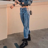 supernfb New Style Fashion Washing-Side Waist Slit Women's Denim Pants Irregular Chain Straight-Cut Casual Iron Chain Sexy Jeans Trousers