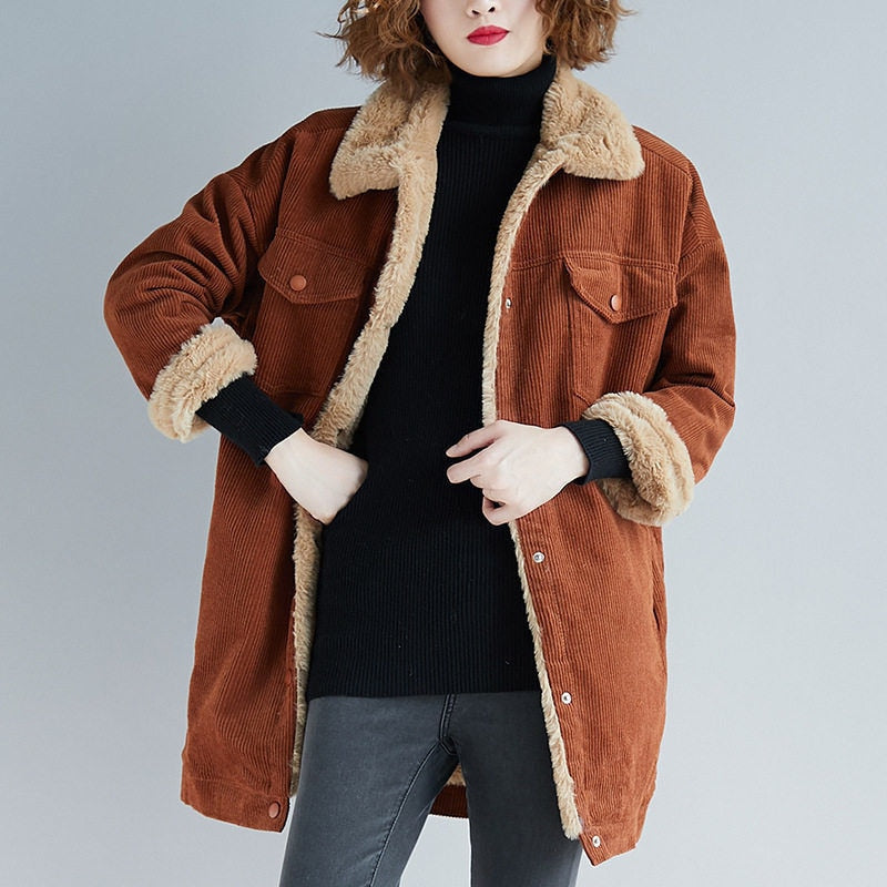 Supernfb Winter Faux fur Coat Women Oversize Corduroy Coats Vintage Female Loose Long Jackets Casual Street Lady Lambswool Warm Outwears