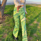 Supernfb Y2K Tie Dye Print Long Pants Women Wide Leg Pant High Waist Flare Pants Green  Jogger Trousers Fashion Streetwear