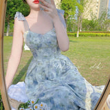 Elegant Long Flower Strap Dress Women Vintage Sweet Print Korean Slip Fairy Dress Casual Calssy Party Princess Dress Summer