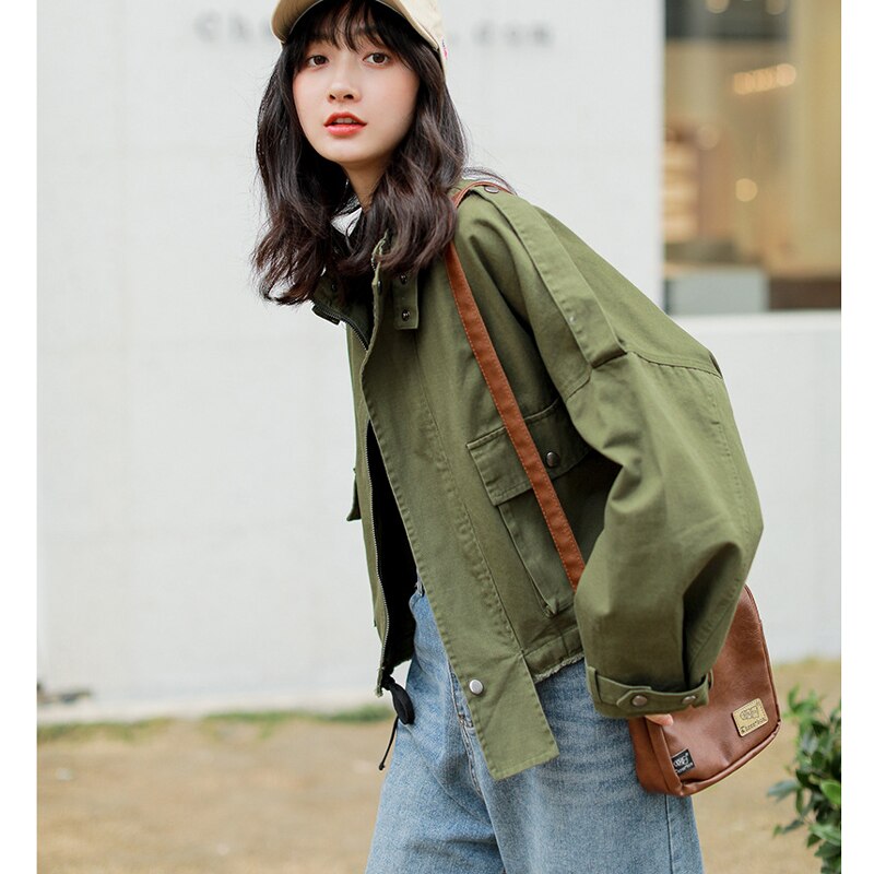 Supernfb y women loose short coat Autumn jacket female solid Korean Harajuku zipper tooling single-breasted jacket