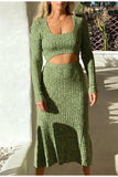 Supernfb Sexy Square Collar High Waist Hollow Out Green Maxi Dress Long Sleeve Slim Knitted Autumn Winter платье женское