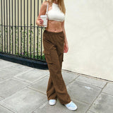 Supernfb Y2K Low Rise Pants With Utility Pocket Brown Corduroy Trousers Women Grunge Aesthetic Streetwear