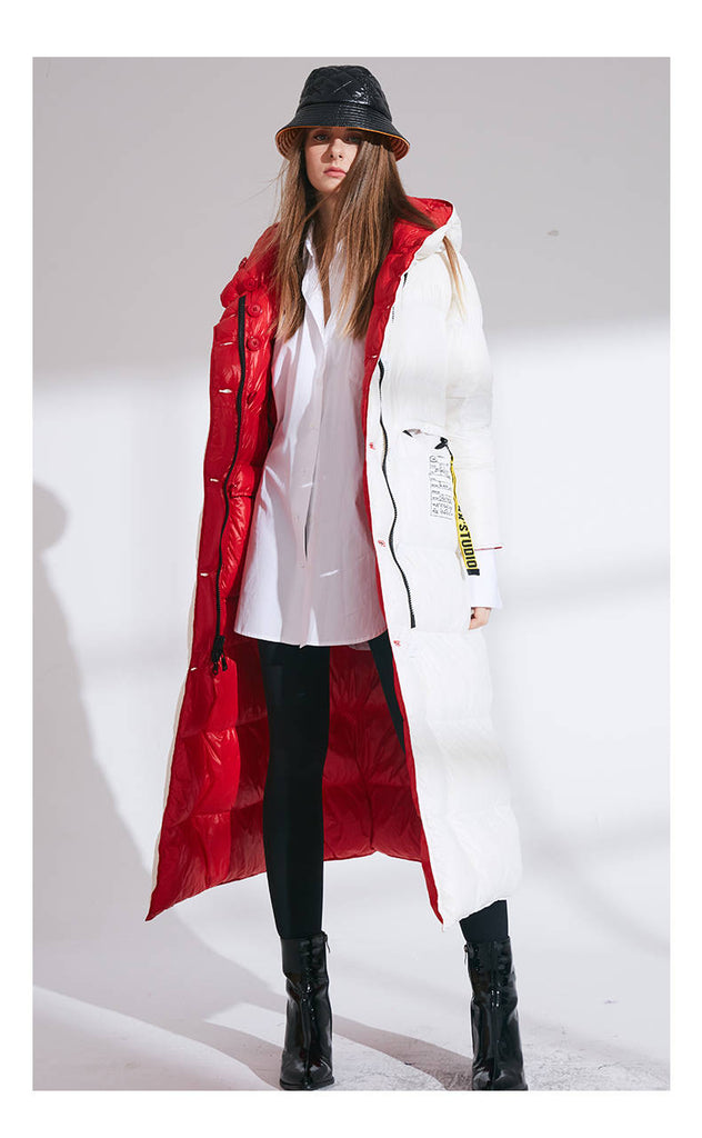Supernfb women fashion double size winter warm down coat lady long 90% white down jacket female red hooded outwear