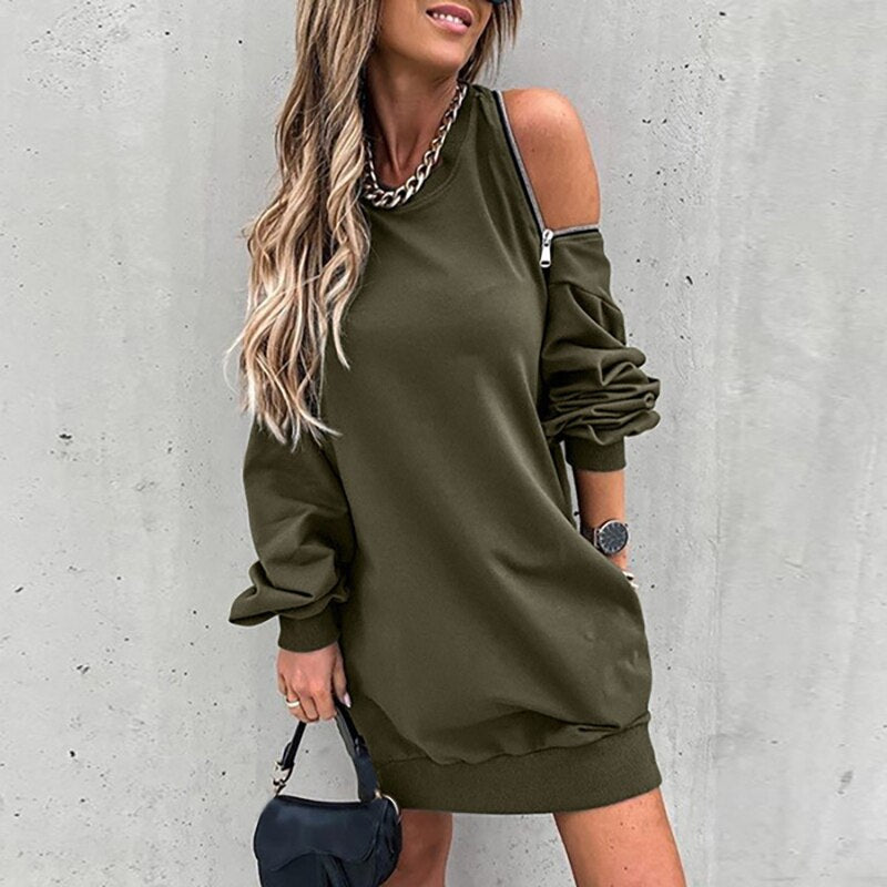 Supernfb Women Zip Hollow Out Off Shoulder Dress Patchwork Lady Loose Casual Mini Pocket Dress Round Neck Long Sleeve Spring Autumn Dress
