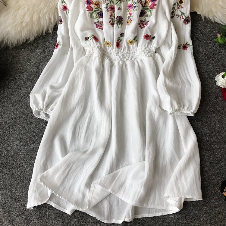 Flower Embroidery Dress Off Shoulder Linen Dress Women Boho Mori Girl Vintage Dresses  Long Sleeve Elegant White Clothes