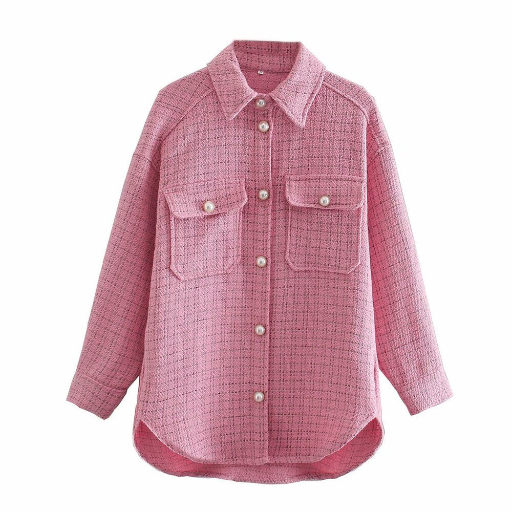 Supernfb New Autumn Winter Chic Plaid Shirt Coat Women Casual Turn-down Collar Pearl Buttons Jackets Female Loose Vintage Outwear