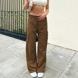 Supernfb Y2K Low Rise Pants With Utility Pocket Brown Corduroy Trousers Women Grunge Aesthetic Streetwear