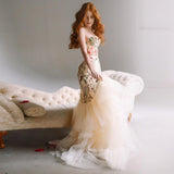 Supernfb Strapless Champagne Mermaid Evening Dresses  Floral Dress Applique Prom Dress Puffy Long Tulle Women's Dress Ever Pretty Gown
