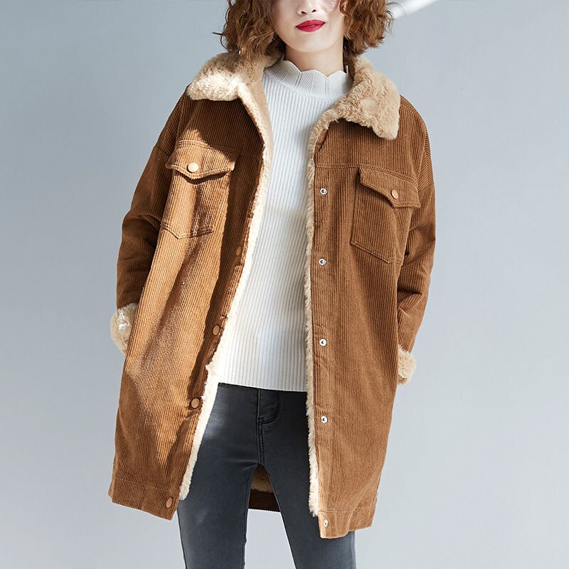 Supernfb Winter Faux fur Coat Women Oversize Corduroy Coats Vintage Female Loose Long Jackets Casual Street Lady Lambswool Warm Outwears