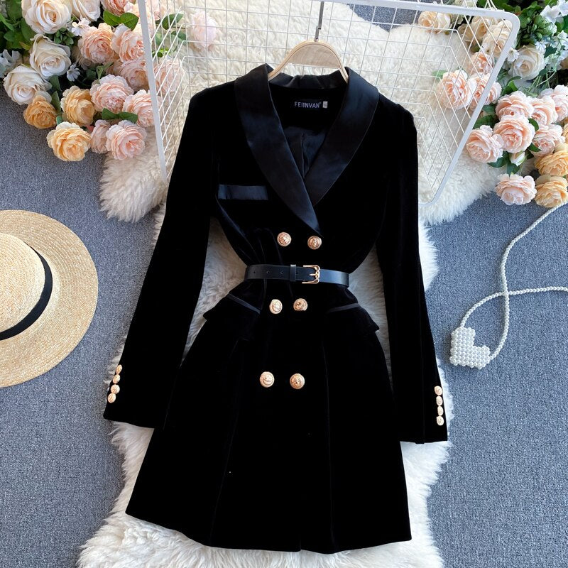 Supernfb Vintage Women Winter Long Sleeve Velvet Dress Elegant Notched Collar Double Breasted Office Black Dress Slim with Belt