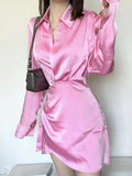 Supernfb Women's Lapel Collar Satin Shirt Dress Long Sleeve Mini Slim Dress Office Women's Silk Satin V Neck Elegant Casual Pink Party