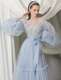Supernfb See Through O-neck Prom Dress Long Sleeve Lace Dress A-line Tea Length Blue Tulle Dress With Bow Applique Evening Dresses