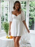 Supernfb White Puff Sleeve Women Short Dress Spring Summer Holiday Casual High Waist  Mini Dress Casaul Ruffle Vestidos A1073