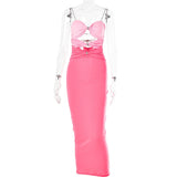Supernfb Dress Backless Night Club Outfit Sling Slip Dress Strapless Pink Sexy Dress Slim Fit Folds Fashion Diamond Studded