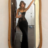 Supernfb Sexy Women Lace Floral Long Dress See Through Slip Backless Spaghetti Straps Corset Black For Women Ladies Elegant Evening