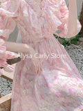 Supernfb Vintage Floral Fairy Dress Women Ruffles V Neck Elegant Korean Mini Dress Female Summer Casual Sweet Chiffon Princess Dress