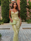Supernfb Glitter Backless Dress Women Fashion Spaghetti Strap Sequins Long Dress High Slit Elegant Luxury Evening Club Prom Cocktail Clot