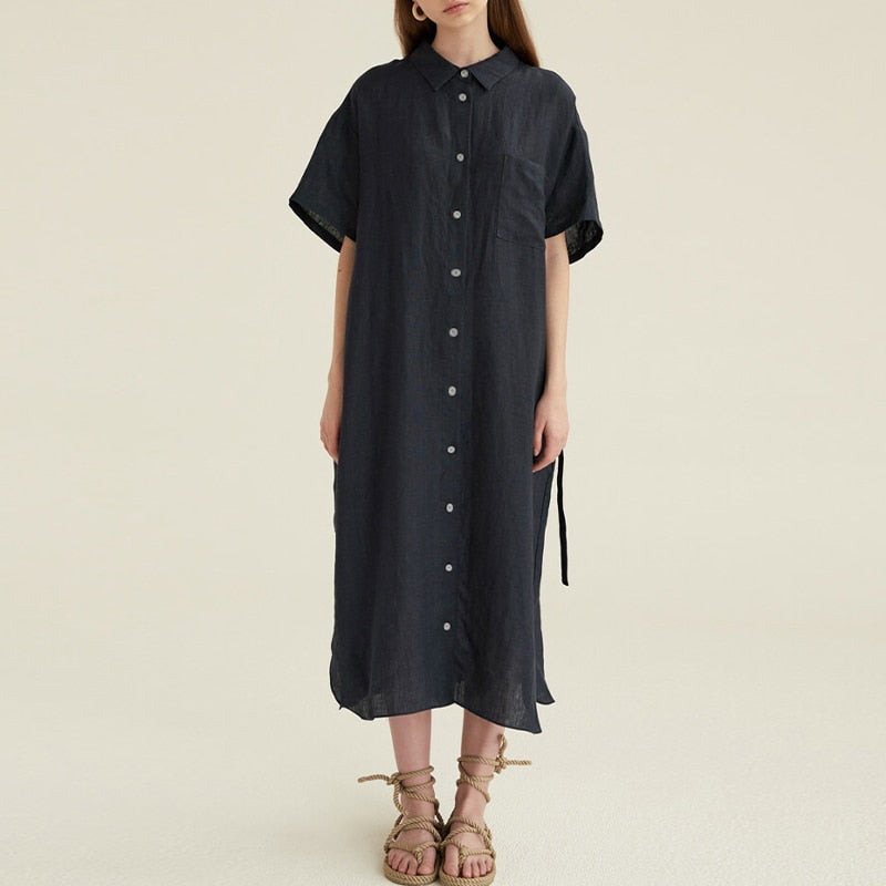 Supernfb Summer 100% Linen Elegant Dress For Women Vintage Square Collar Short Sleeve Button Down Long Midi Dress With Sashes Vestidos