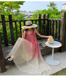 supernfb Women Summer Fashion Gradient Color Pink Bohemian Casual Long Dress Lady Chic Flower Appliques Relax Fit Robes Vestidos