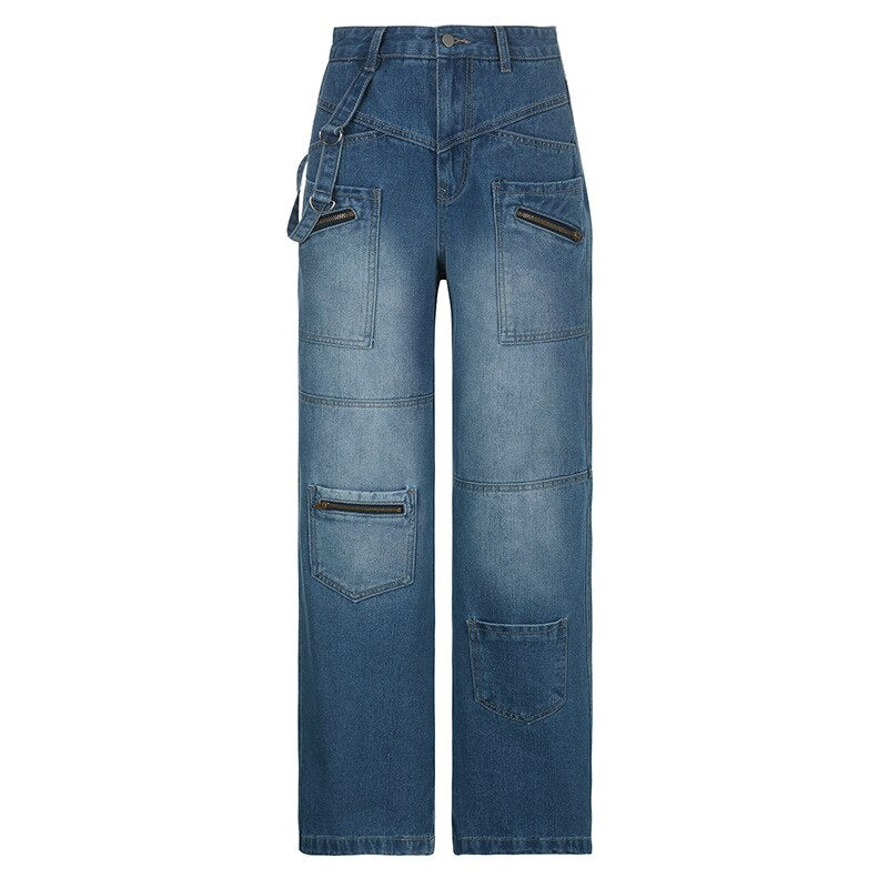 supernfb Pockets Patchwork Baggy Jeans Fashion Streetwear Women Denim Trouser Loose Cargo Pants Korean Style