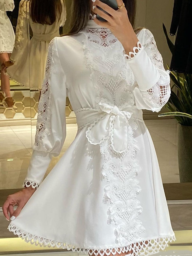 Supernfb Women Midi Dress Sexy White Lace Hook Flower Hollow Patchwork Boho Long Sleeve Dresses For Femme Wedding Party Dress Robe