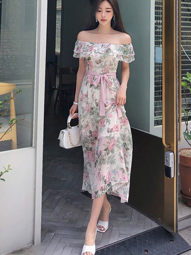 Supernfb Women Summer Korea Style Off Shoulder Maxi Dress  Slit Bodycon Party Elegant Evening Vintage Printed Clothing